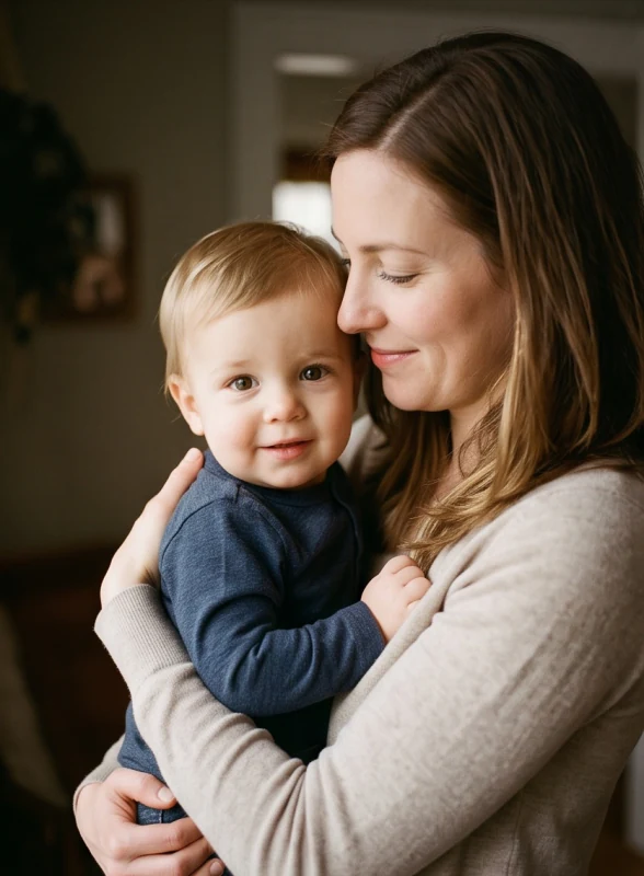 Mother holding a young child indoors