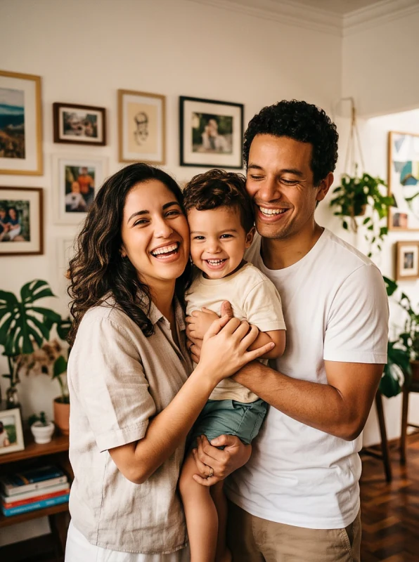 Two parents hugging their child at home