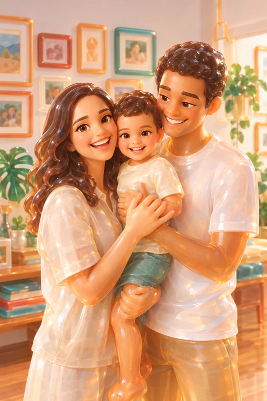 Glowing translucent toy-style cartoon of two parents hugging their child