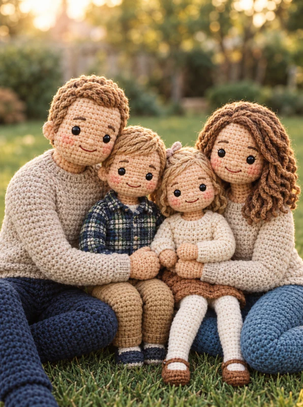 Crocheted doll-style cartoon of a family of four outdoors