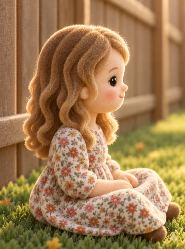 Soft doll-style cartoon of a girl sitting beside a wooden fence