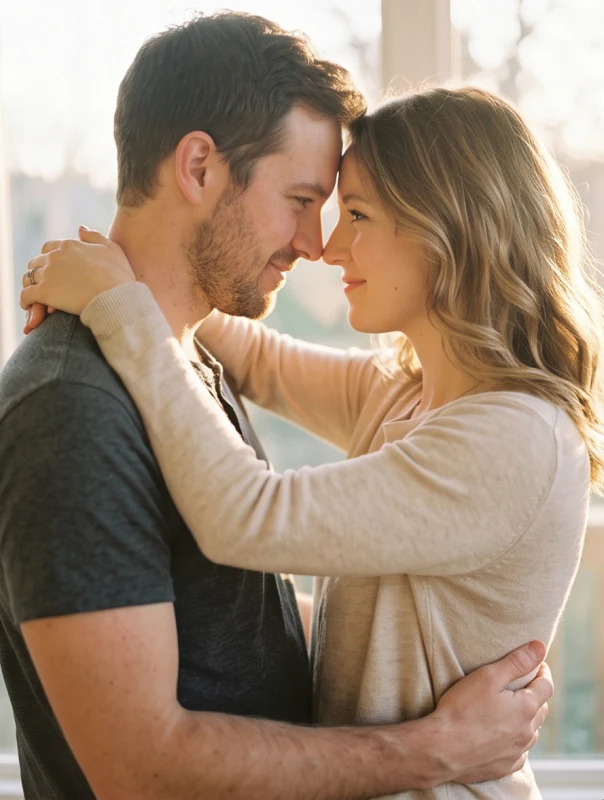 Couple embracing beside a window