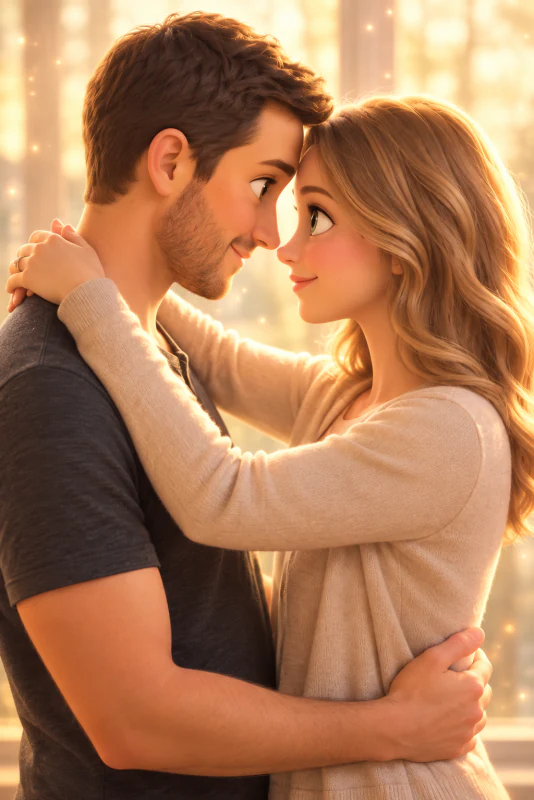 Fairytale-style 3D cartoon of a couple embracing in warm window light