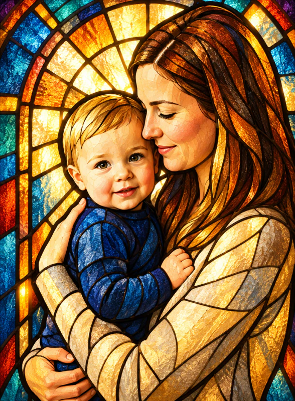 Stained-glass cartoon of a mother holding a young child in warm jewel tones