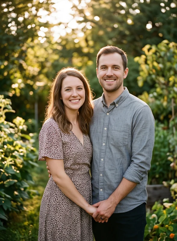 Couple holding hands in a garden