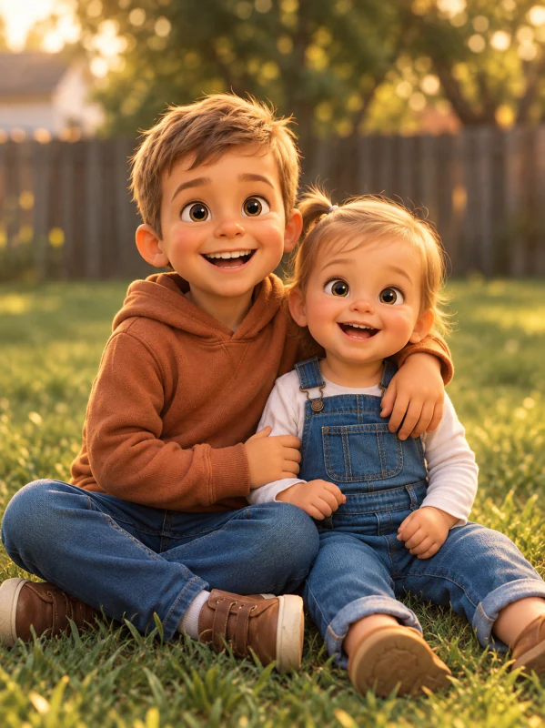 3D cartoon of two children sitting together in a sunny garden