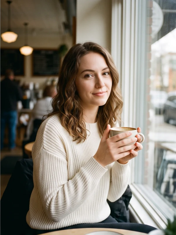 Woman holding a cup beside a cafe window