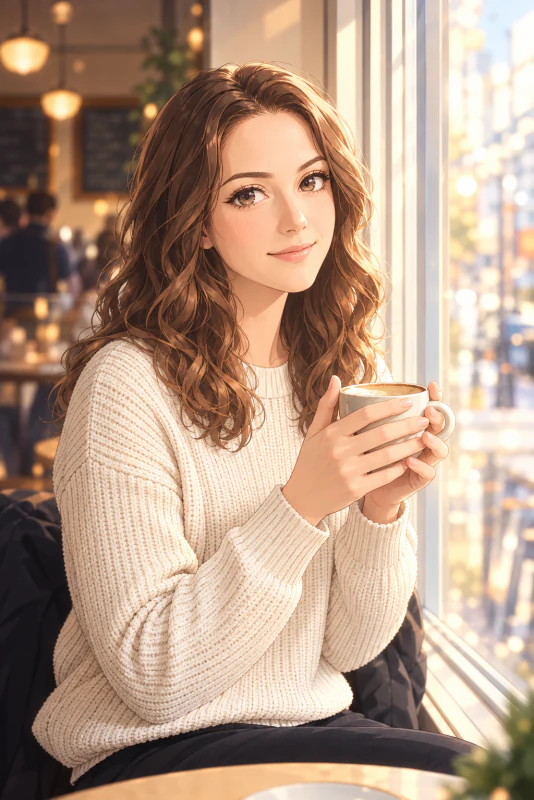 Softly shaded anime-style cartoon of a woman holding a cup by a sunny window