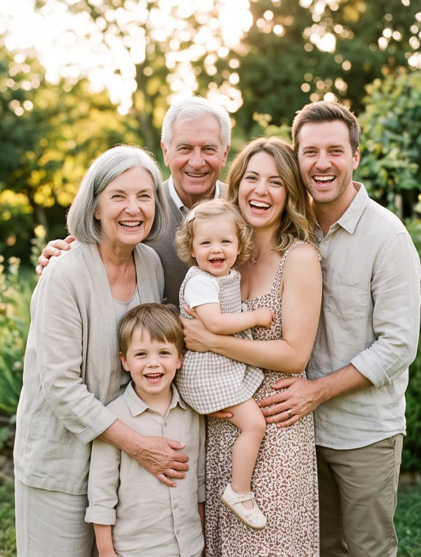 Original outdoor photo of six family members before cartoon styling