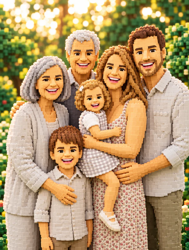 Toy-brick cartoon of six family members posed together outdoors