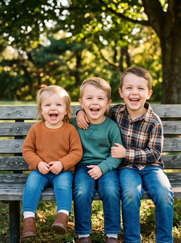 Original photo of three children sitting on a bench outdoors