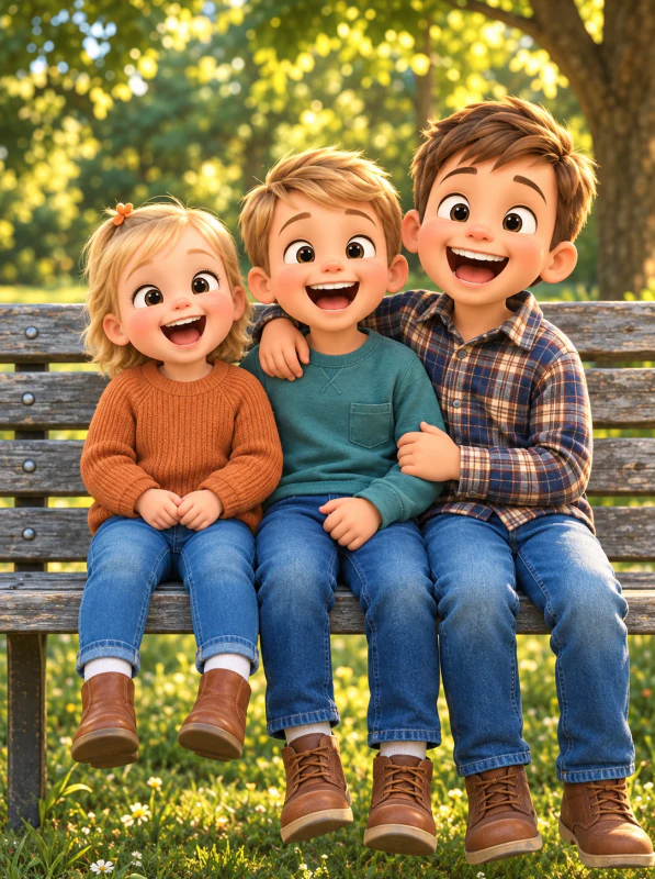 Three children on a bench reimagined in the Playful Exaggerated 3D Comedy style
