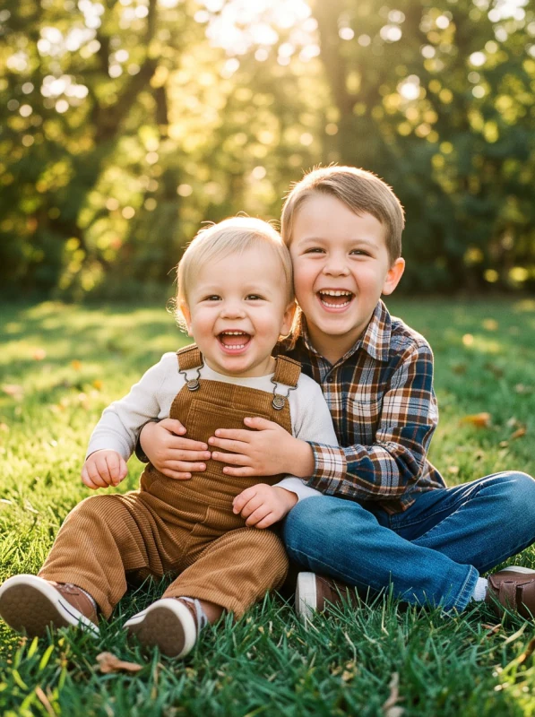 Two children sitting on grass outdoors