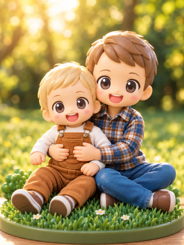 Miniature chibi-style cartoon of two children on a grassy display base