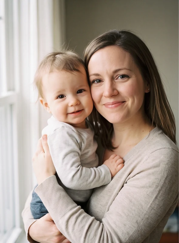 Mother holding a young child beside a window