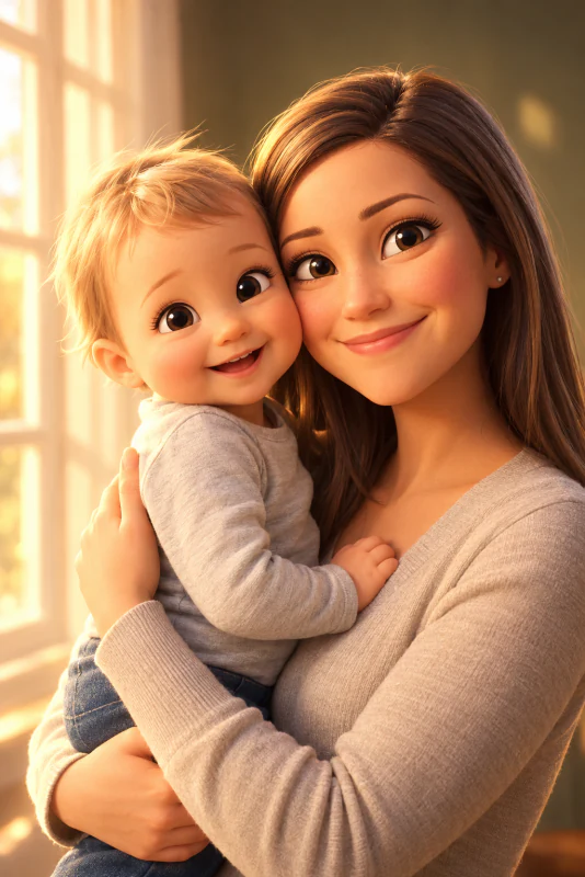 3D adventure-style cartoon of a mother and young child in warm window light