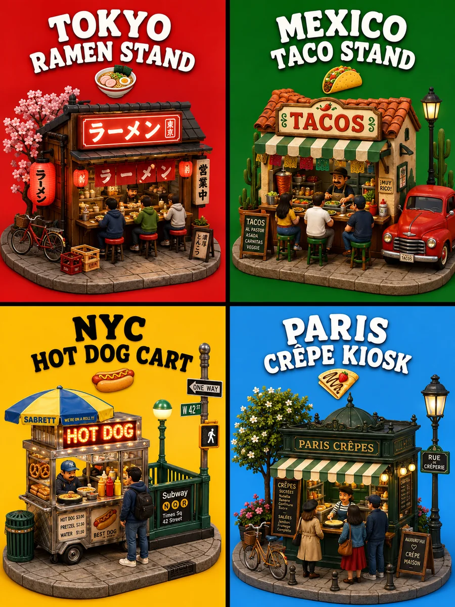 Nano Banana 2 image-generation example of four miniature street-food stands in Tokyo, Mexico, New York, and Paris, with distinct signage and coordinated layouts