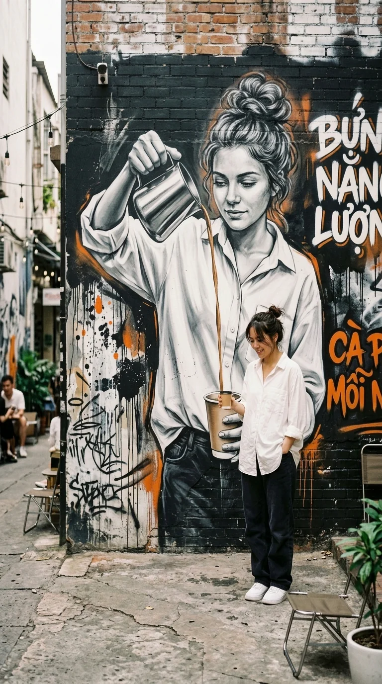 Nano Banana 2.1 image-to-image sample of a woman holding a coffee cup beside a barista mural, illustrating layered scene composition and subject placement