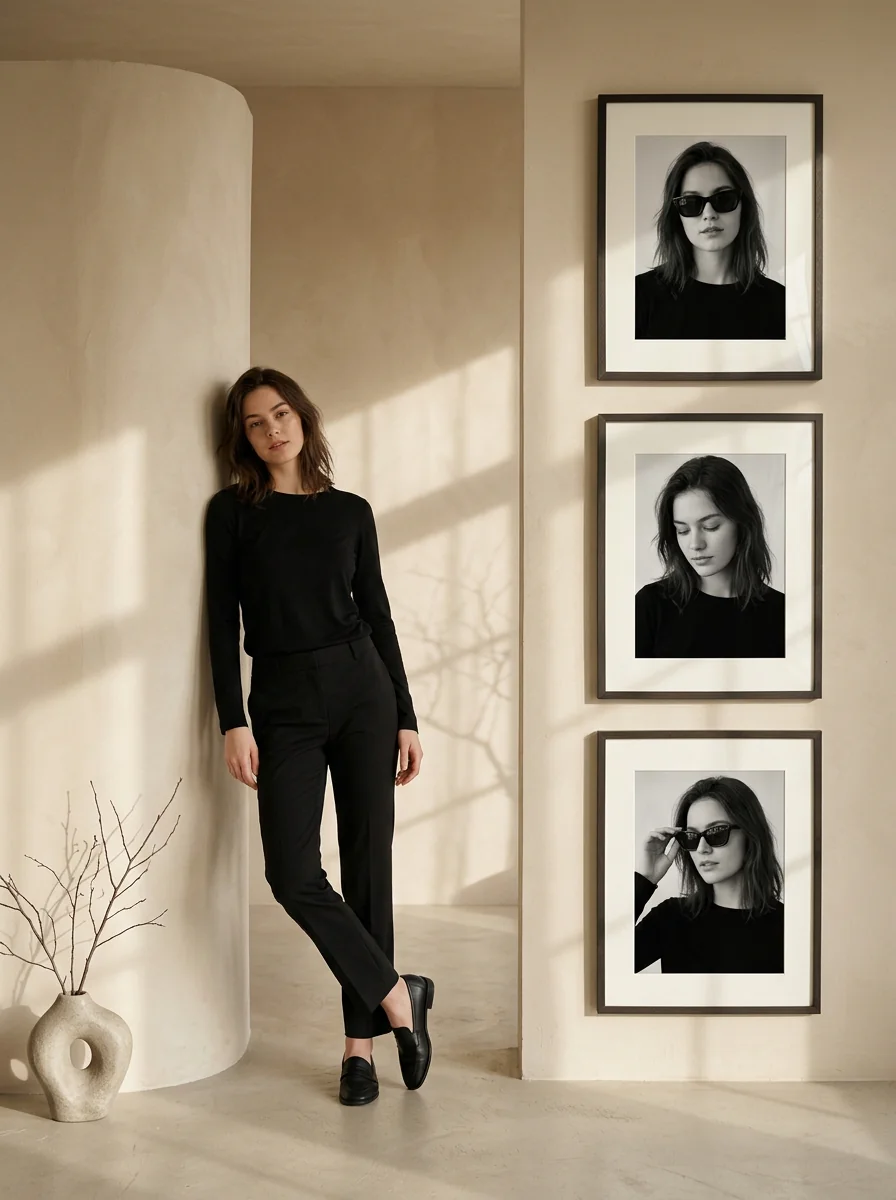 Nano Banana 2.1 text-to-image sample with a full-body portrait and three framed portraits of the same woman, illustrating repeated-subject composition