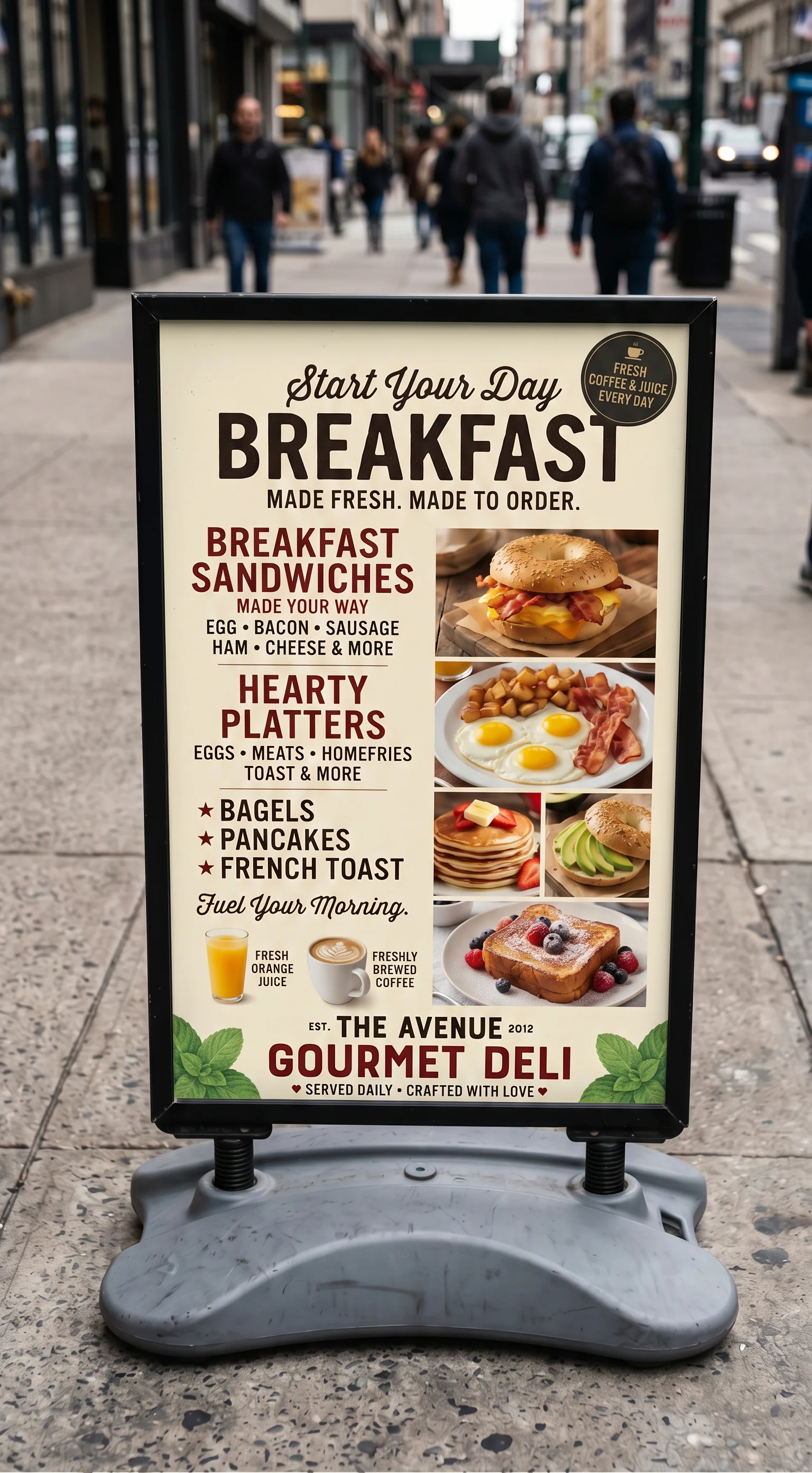 Nano Banana 2.1 text-rendering sample of a sidewalk breakfast menu board with headlines, smaller menu text, and food photos, illustrating typography within a generated scene