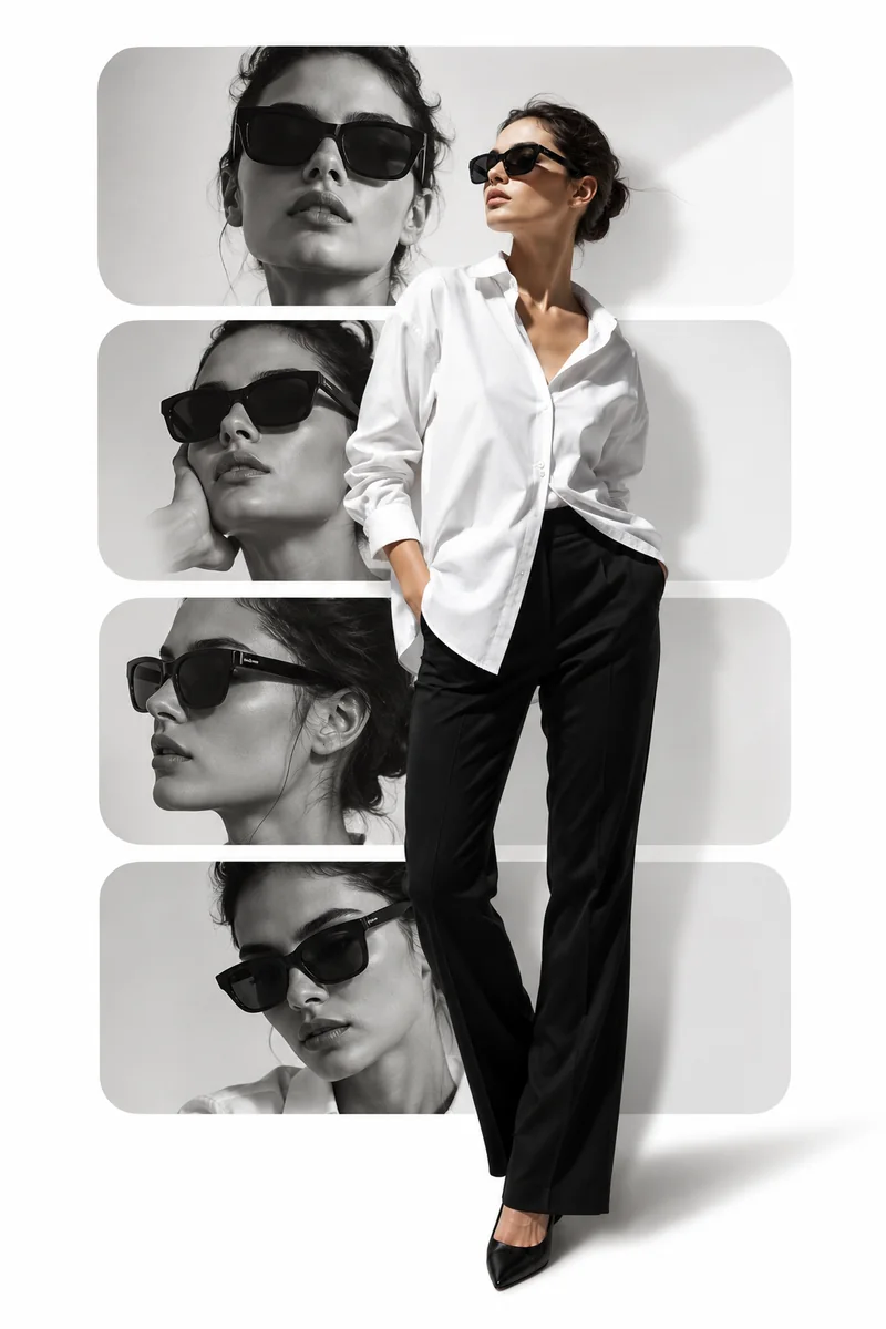 Nano Banana 2 image-editing sample showing a woman in a white shirt and black trousers alongside four monochrome sunglasses portraits, illustrating subject consistency checks